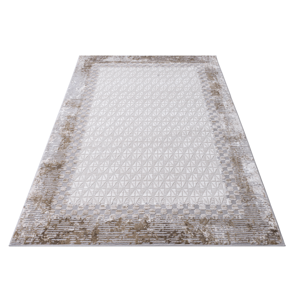 Geometric Beige Area Rug with distressed textures at the edges
