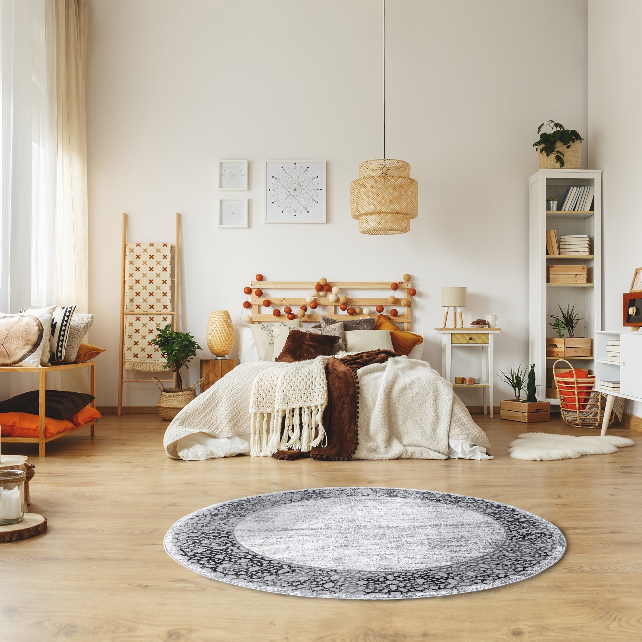 Cozy bohemian bedroom with round Grey Mandala Rug